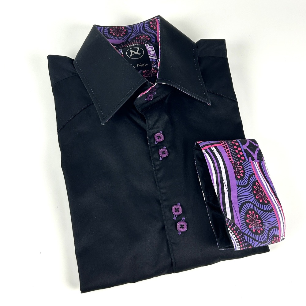 Au Noir Shirt Mens 5 XL Black Link Cuffs Button Up Roll Tab Sleeve Contrast Trim